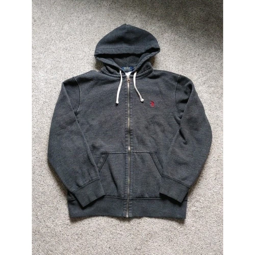 Vtg Polo Ralph Lauren Hoodie Mens Large Charcoal Double Knit Full Zip Red Pony